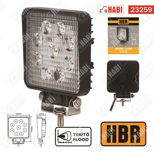 Munkalámpa LED 27W kocka, 2070 Lumen, 10-30V, IP67, HBR