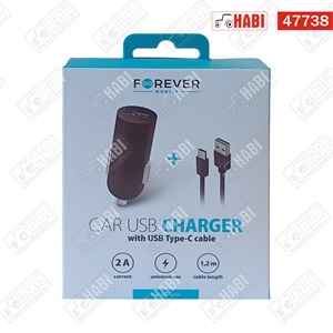Autós töltő USB-A porttal + USB-C kábel, 2 A, fekete