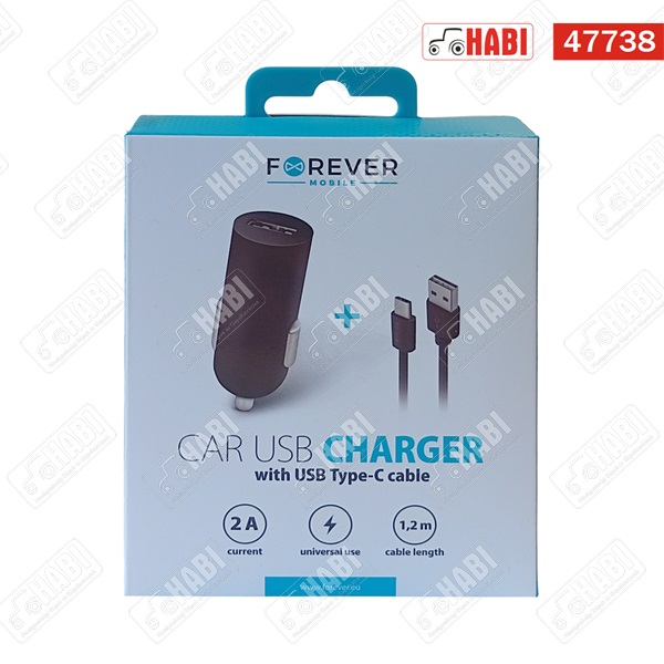 Autós töltő USB-A porttal + USB-C kábel, 2 A, fekete