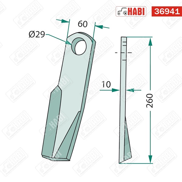 Fischer szárzúzókés bal SZ=60 mm, L=260 mm, furat=29 mm, vastagság=10 mm