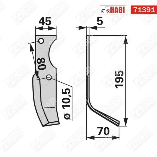 Goldoni talajmaró kés jobb 195x70x5 mm d=10,5 mm
