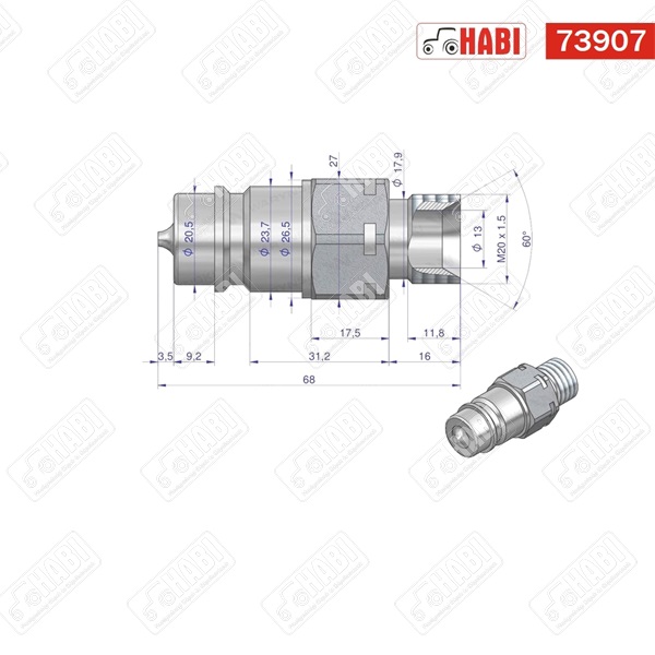 Hidraulika gyorscsatlakozó dugó 20x1,5mm, külső menetes, Warynski