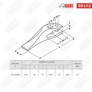 Homlokrakodó kanál felcsavarozható fog JCB MR2 (20 mm)