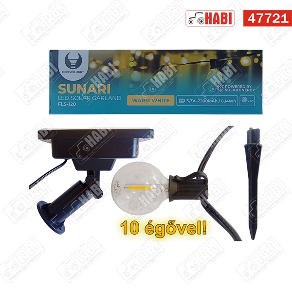LED napelemes fényfüzér 10 izzó, 5.5 m, IP44, kültéri