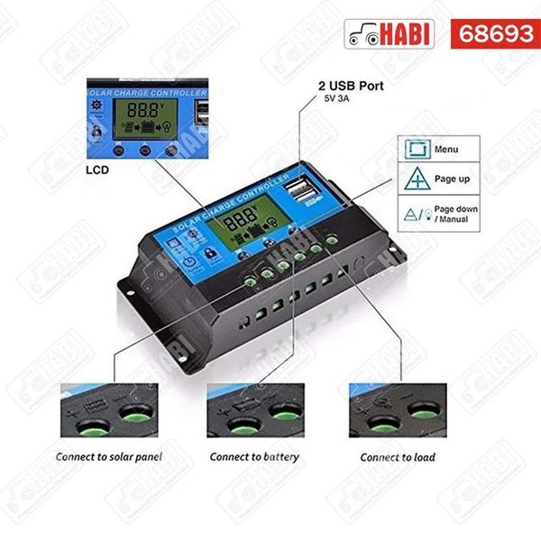 Napelem töltésvezérlő modul 12/24V 10A PWM+USB