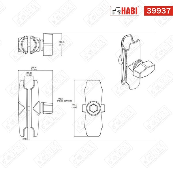 RAM MOUNTS dupla csatlakozós leszorító kar L=95 mm B/1"-es golyóval